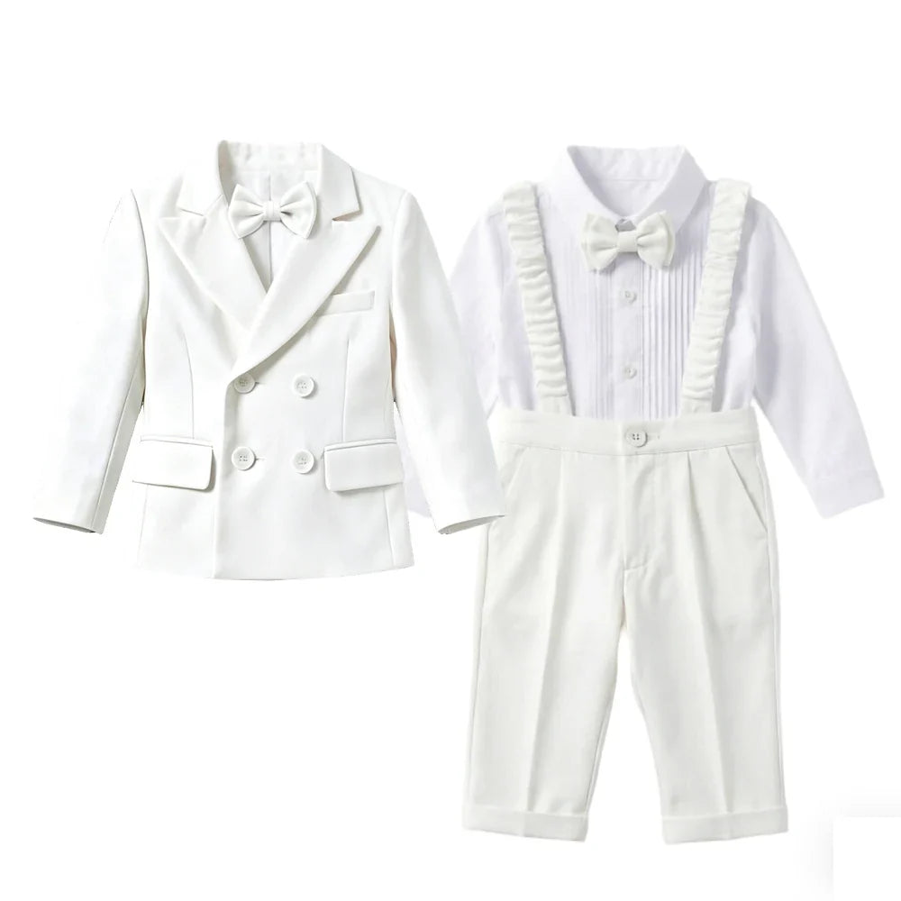 Boys White Wedding Suit Set Kids Formal Double‑Breasted Blazer Bow Tie Pants Outfit Toddler Party Christening Gentleman Costume