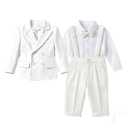 Elegant White Toddler Boy Suit Set Bow Tie Kids Formal Tuxedo Jacket Pant Outfit Christening Wedding Birthday Photograph Clothes