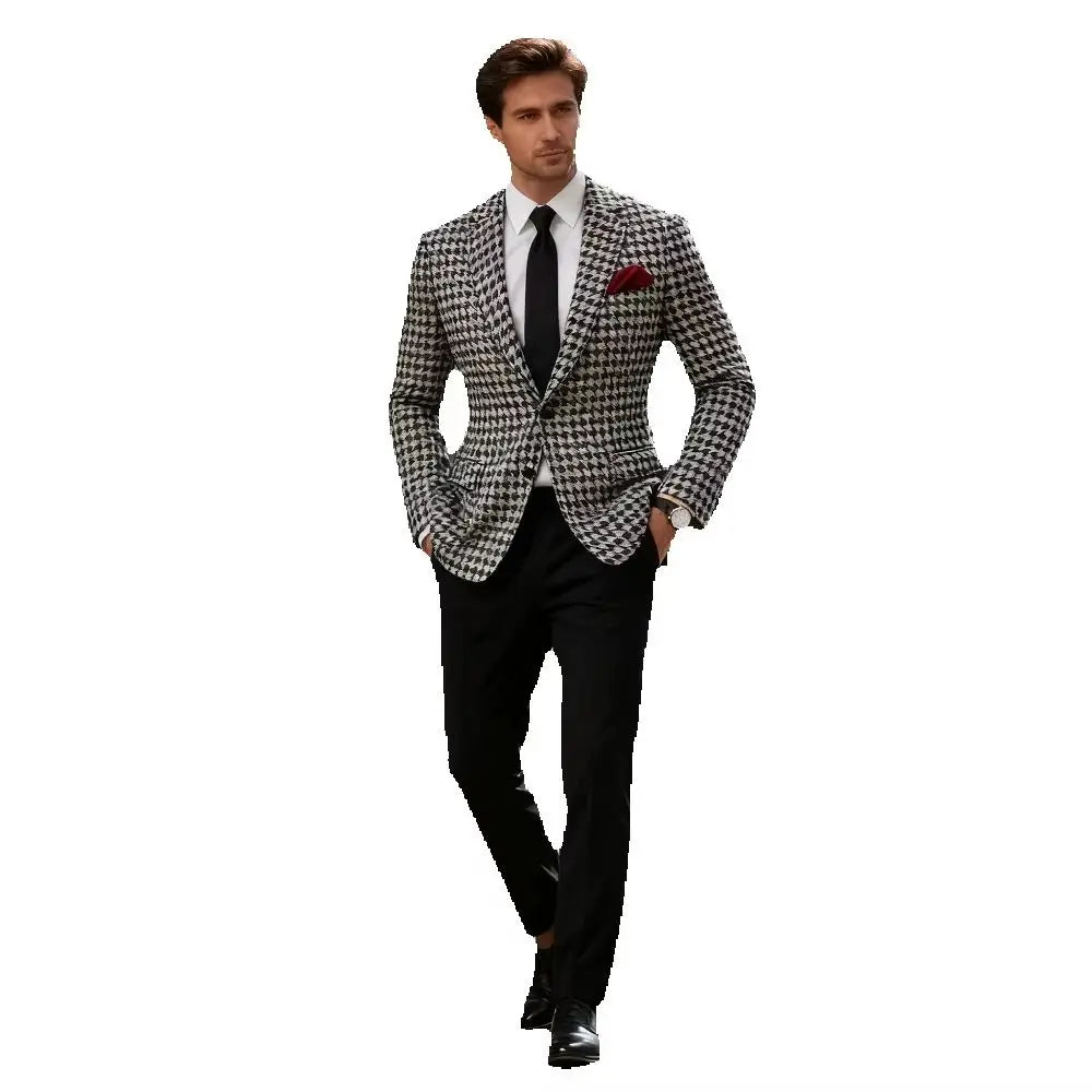 Men's Houndstooth Formal Suit Jacket Notch Lapel Blazer Two Buttons Wool Blend Coat for Party Prom Business Tuxedo One Piece