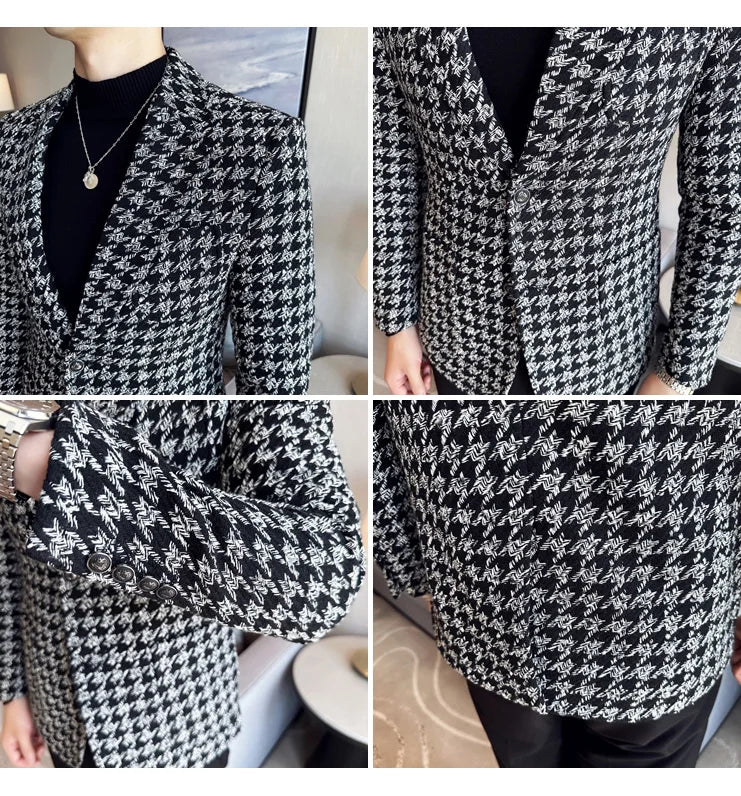 2023 Autumn Winter Plaid Men Blazers Thickened Casual Business Suits Jackets Single Buckle Wedding Groom Streetwear Social Coat