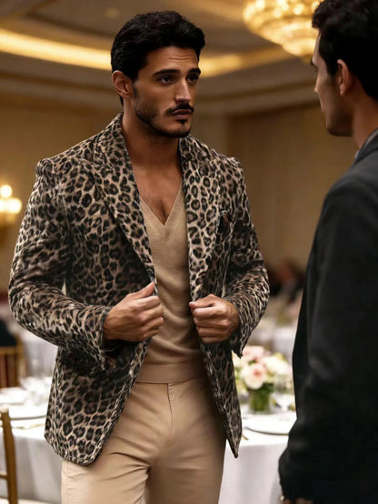 New Men's Suit Jacket Leopard Print Velvet Single Breasted Slim Men's Suit Coat Casual Party Wild And Trendy Handsome Blazers