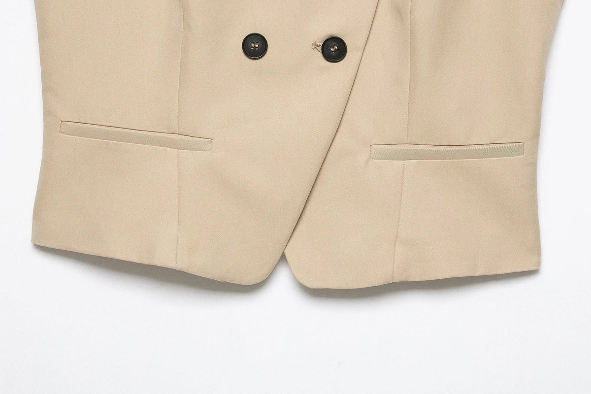 Women Trendy Short Sleeve Blazer Double Breasted Slim Fit Khaki Blazer 2026 Spring Summer Commute Lady Slim Short Top
