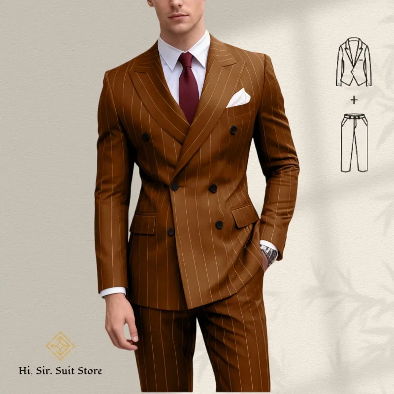 Men's 2-Piece Slim Fit Double-Breasted Striped Suit Set for Men – Wedding, Business & Formal Occasions
