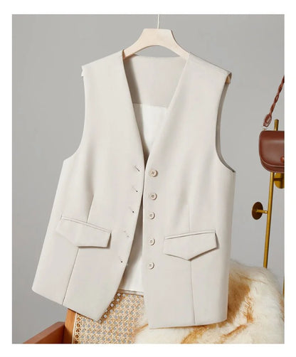 2025 New Women's Blazer High End Casual Vest Waistcoat Female Commuting Slimming Collar Less Sleeveless Short Suit Jacket Lined