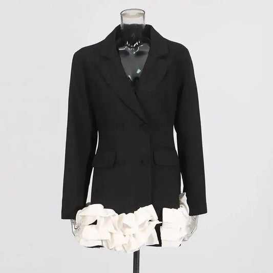 Spring Autumn New Women Blazer Dress Double Breasted Notched Collar Patchwork Ruffled Hem Elegant High-End Ins Coat HK11501