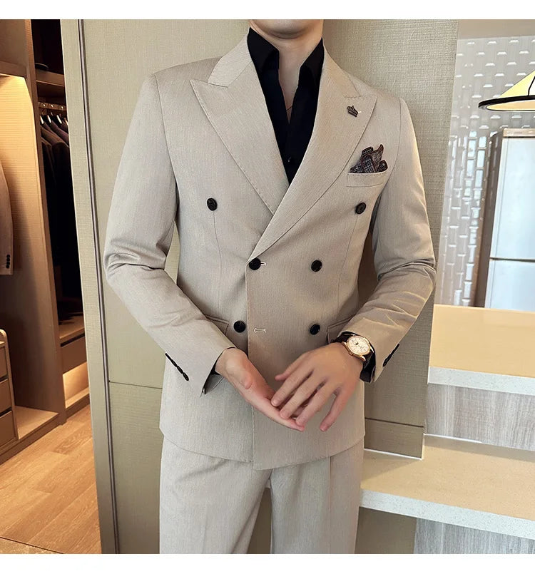 (Blazer + Trousers) Fashion Double Breasted Design Slim Men's Suit Italian Style Luxury Wedding Social Party Tuxedo 2 Piece Set