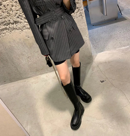 Vintage Vertical Stripes Women's Suit Jacket Loose Fit Double Breasted Autumn Outerwear Fashion Versatile Polyester Cotton Blend