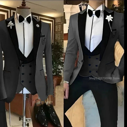 Latest Solid Formal Men's Wedding Suit Slim Fit Elegant Groom Tuxedos Business Party Suits 3 Pieces Sets (Jacket+Vest+Pants)