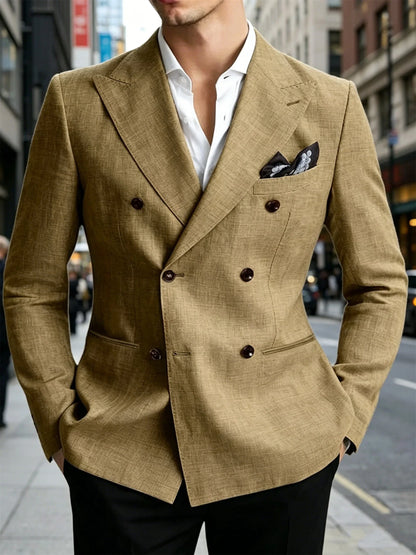 Men’s Linen Blend Suit Blazer Double Breasted Casual Peak Lapel British Style Jacket  Soft Breathable Men Suit For Summer Beach