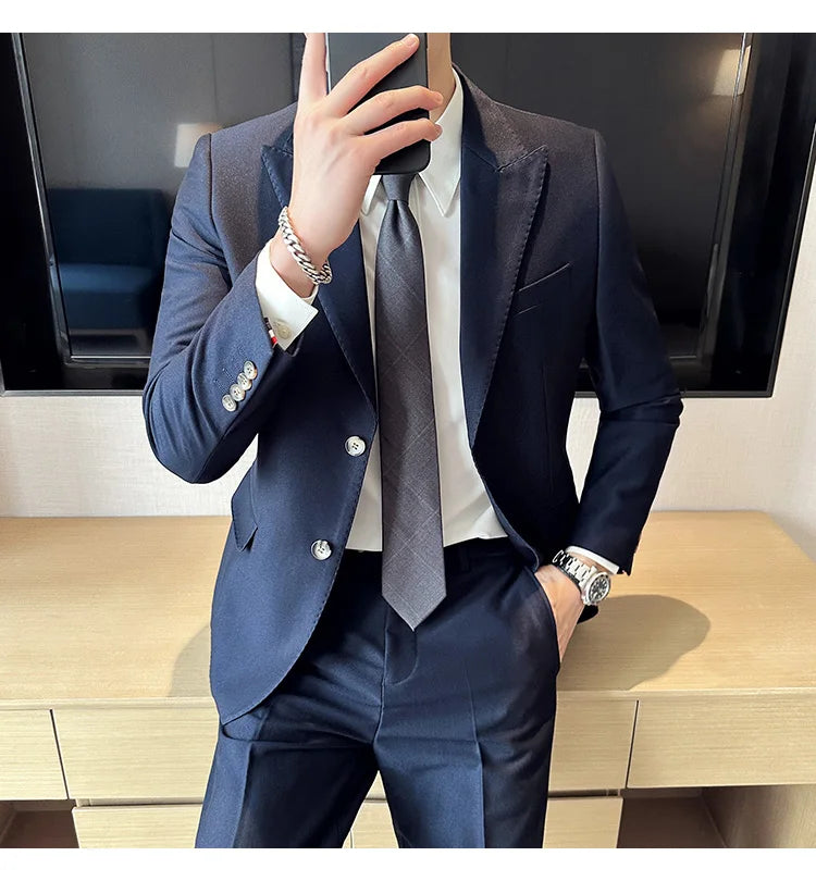 Jacket + Pants 2 Pieces Men's Elegant Fashion Slim Fit Suits Formal Business Wedding Tuxedos Casual Gentleman Solid Dress Suit