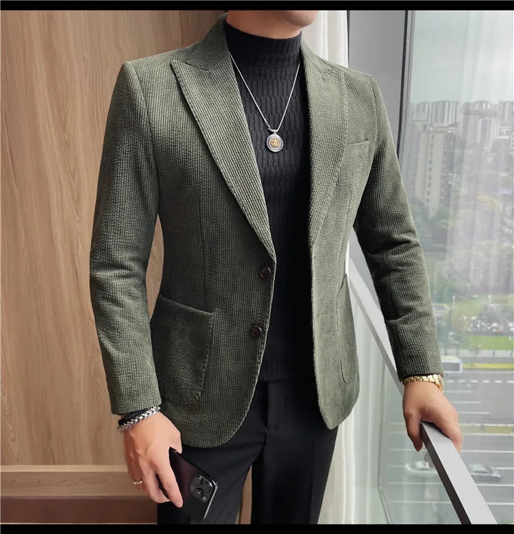 Men's Smart Casual Single Breasted Blazer – Spring Autumn Jacket in Green, Black & Coffee