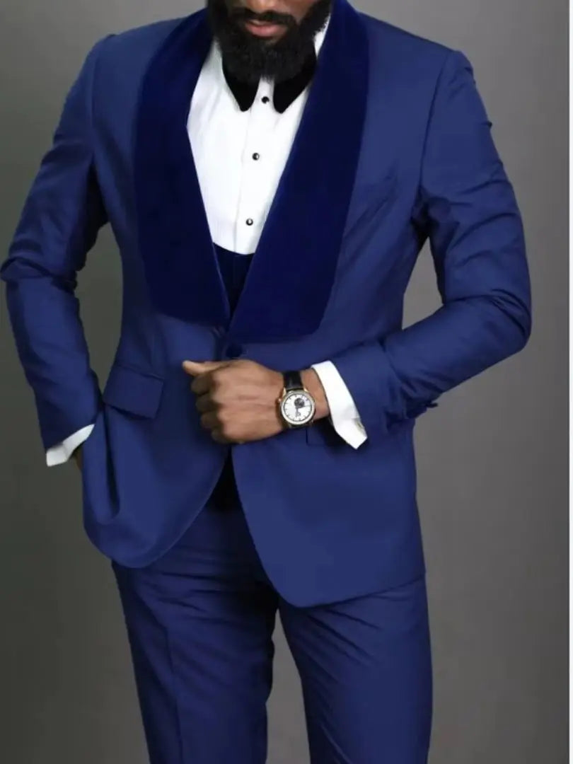 Royal Blue Slim Fit Groom Tuxedo 3-Piece Set with Velvet Shawl Lapel Formal Men's Suit for Wedding African Fashion