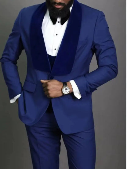 Royal Blue Slim Fit Groom Tuxedo 3-Piece Set with Velvet Shawl Lapel Formal Men's Suit for Wedding African Fashion