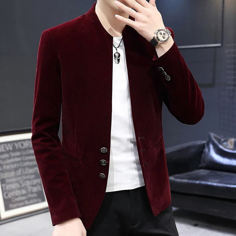Slim Fit Velvet Yuan Collar Shirt Korean Style Fashion Trend Handsome Canary Boutique Coat New Version Small Yuan Collar Suit