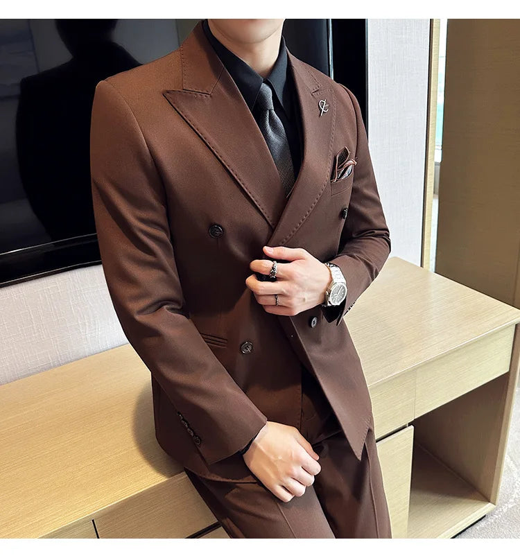 (Jackets +Pants ) Men's Suits 2 Piece High-Quality Double Breasted Lapel Solid Business Groom Wedding Tuxedo Banquet Clothing