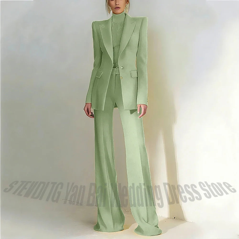 Women Pant Suit 2 Piece Set Office Female Business Work Formal Jacket Trouser One Button Chic Yellow Peaked Lapel Elegant Suit
