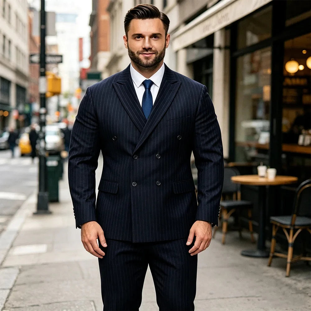Plus Size Men Suit Set Black Striped 2‑Piece Elastic Loose Fit Double Breasted Formal Suit Set For Wedding Banquet Business Wear