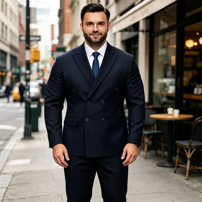 Plus Size Men Suit Set Black Striped 2‑Piece Elastic Loose Fit Double Breasted Formal Suit Set For Wedding Banquet Business Wear