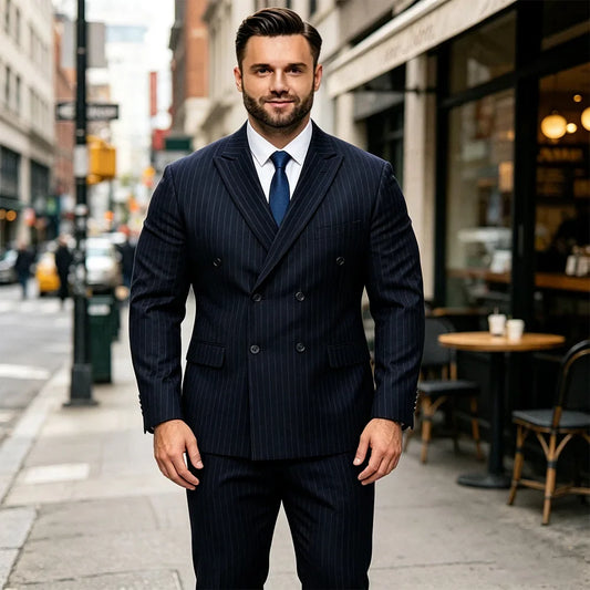 Plus Size Men Suit Set Black Striped 2‑Piece Elastic Loose Fit Double Breasted Formal Suit Set For Wedding Banquet Business Wear