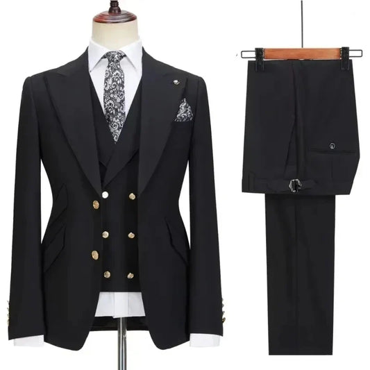 Men Suit 3 Pieces Black With Lapel Solid For Wedding Groom Birthday Banquet Work Tuxedos Set Jacket Vest With Pants