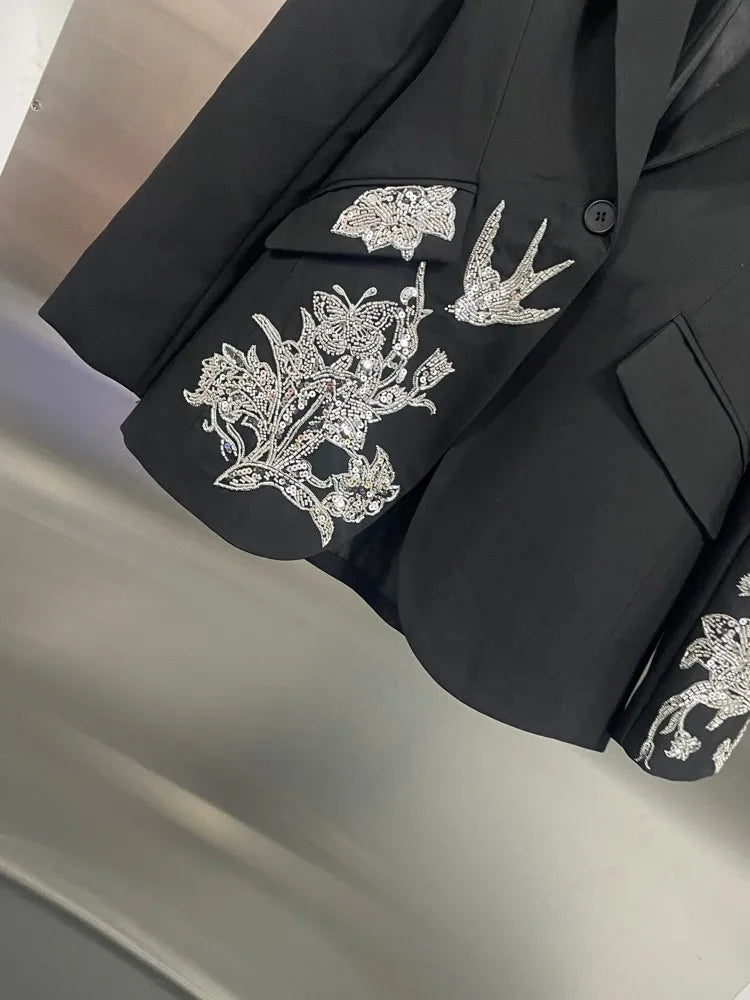 Elegant Black Suit Jacket Women Fashion Beaded Embroidery Designer Single Button New Office Ladies Banquet Luxury Blazers Coat