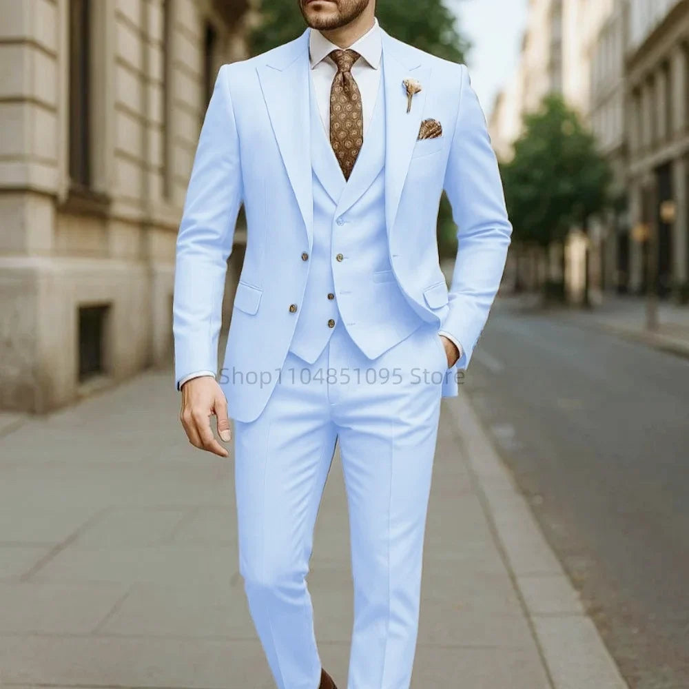 Costume de mariage formel trois pièces pour homme, avec revers crantés, veste unie, gilet et pantalon, pour soirée de bal, décontracté ou affaires