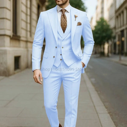 Costume de mariage formel trois pièces pour homme, avec revers crantés, veste unie, gilet et pantalon, pour soirée de bal, décontracté ou affaires