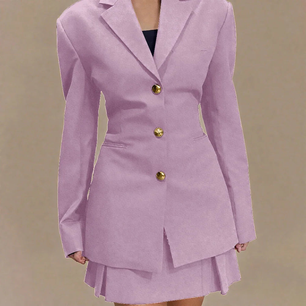 Women's Pleated Skirt Suit Set 2025 2Pieces(Tailored Blazer&High Waist Skirt) Office Chic Single-breasted Notch Lapel Outfit