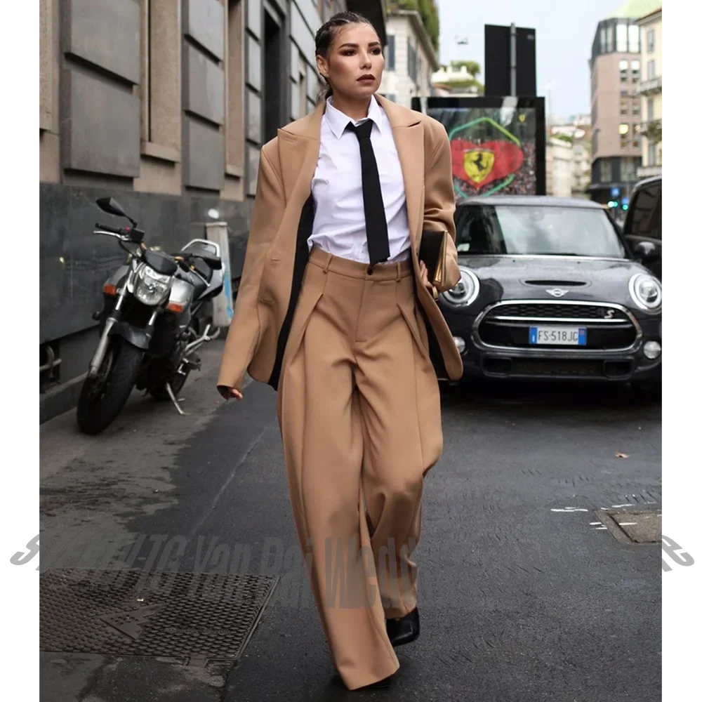 Fashion Street Style Women's Suit 2 Pieces Oversized Peaked Lapel Split Hem Wide Leg Pants Outfit Loose Casual Blazer Set