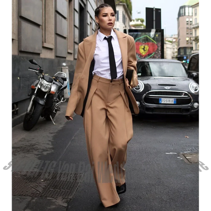 Fashion Street Style Women's Suit 2 Pieces Oversized Peaked Lapel Split Hem Wide Leg Pants Outfit Loose Casual Blazer Set