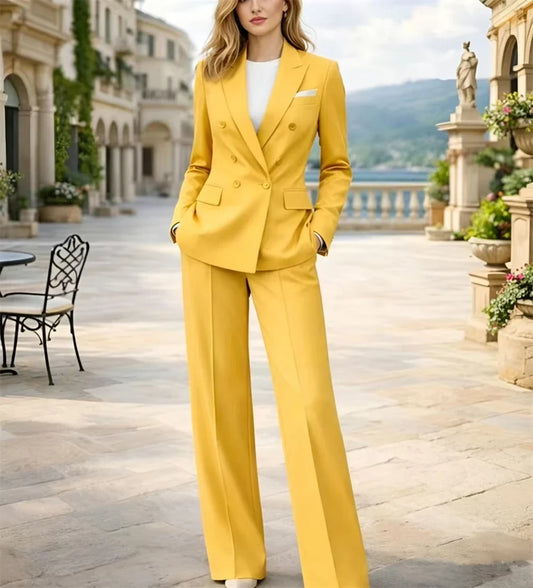 Jacket+Pant Bespoke Yellow Women Suit Double Breasted Ladies Suit Custom Made Power Suit Wedding Guest Outfit