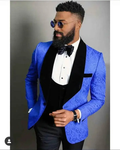 Black Velvet Men's 3 Pieces Suit Prom Costume Groom Tuxedos Formal Wedding Best Man Blazer Party Suits (Jacket+Vest+Pants)