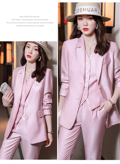 Fashion Elegant Pink High-End Small Business Suit Coat2022Autumn and Winter Elegant Vest Suit Three-Piece Korean Women's Clothin