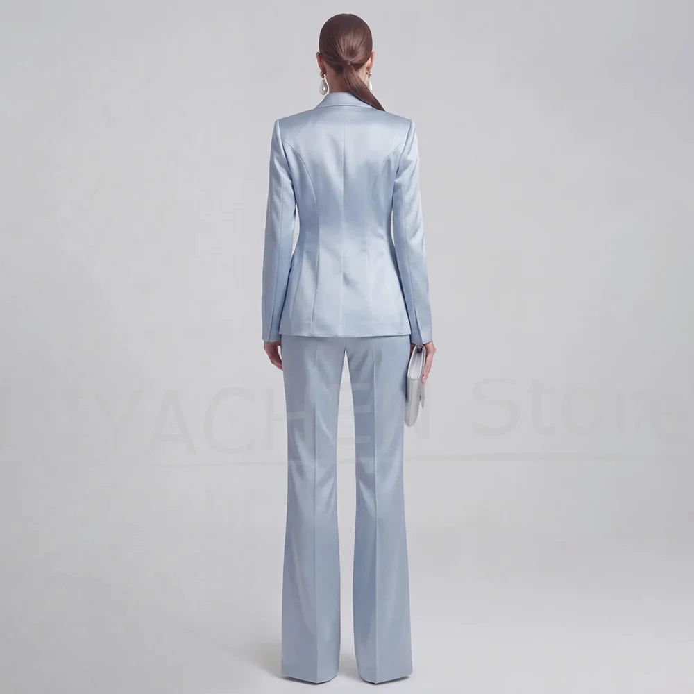 Fashion Satin Women Suit 2 Piece Peak Lapel Slim Wear Elegant Business Casual Party Chic Lady Formal Outfit (Jacket+Trousers)