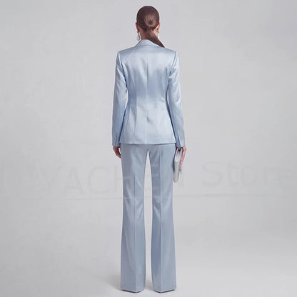 Fashion Satin Women Suit 2 Piece Peak Lapel Slim Wear Elegant Business Casual Party Chic Lady Formal Outfit (Jacket+Trousers)