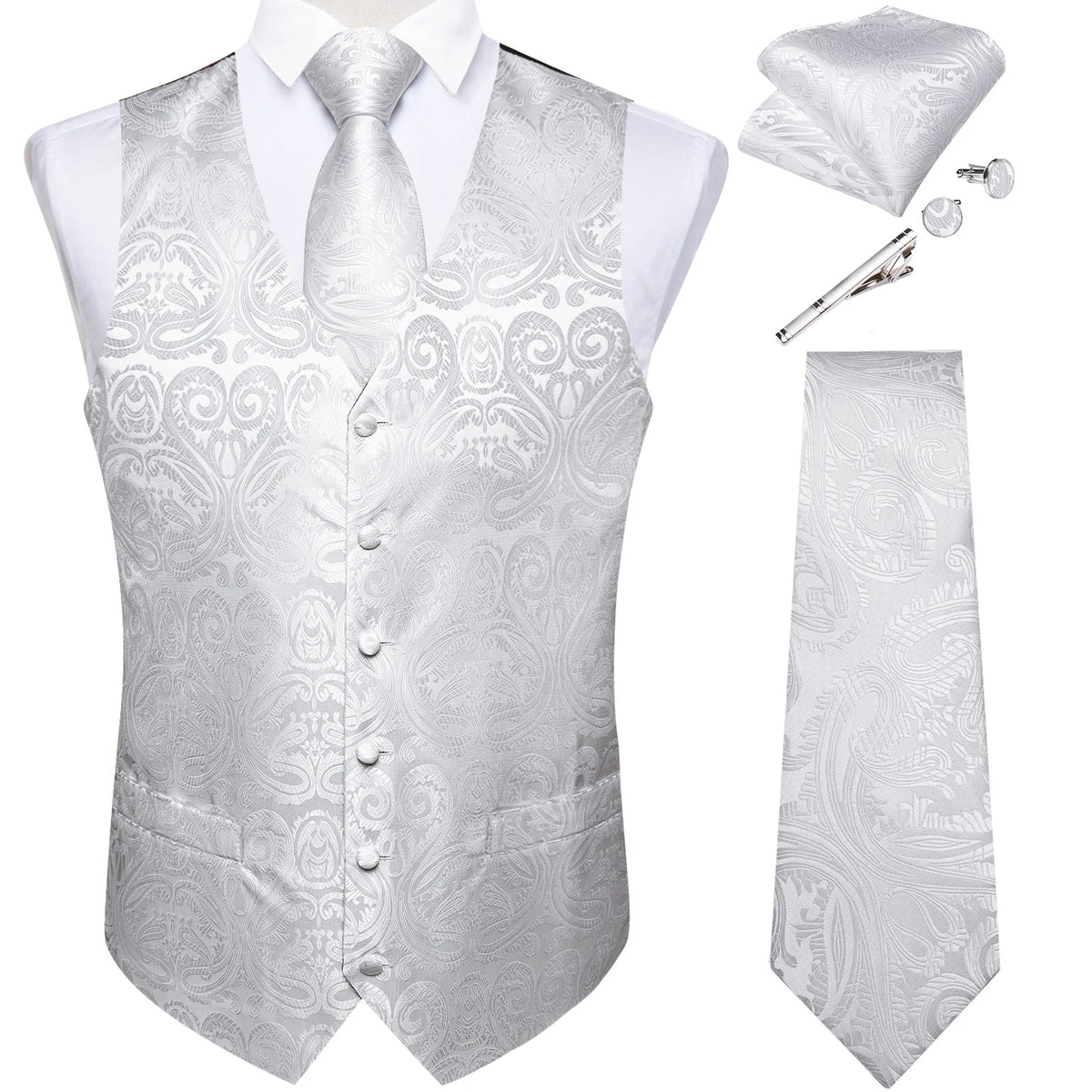 Men's Suit Vest Set with Tie, Handkerchief & Cufflinks for Wedding & Banquet
