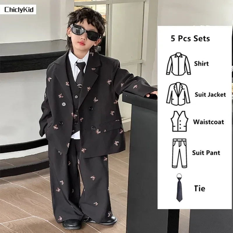 Boys Loose Blazer Jacket Waistcoat Pants Clothes Sets Kids Formal Dress  Suits Casual Child Toddler Party Butterfly Leisure Suit