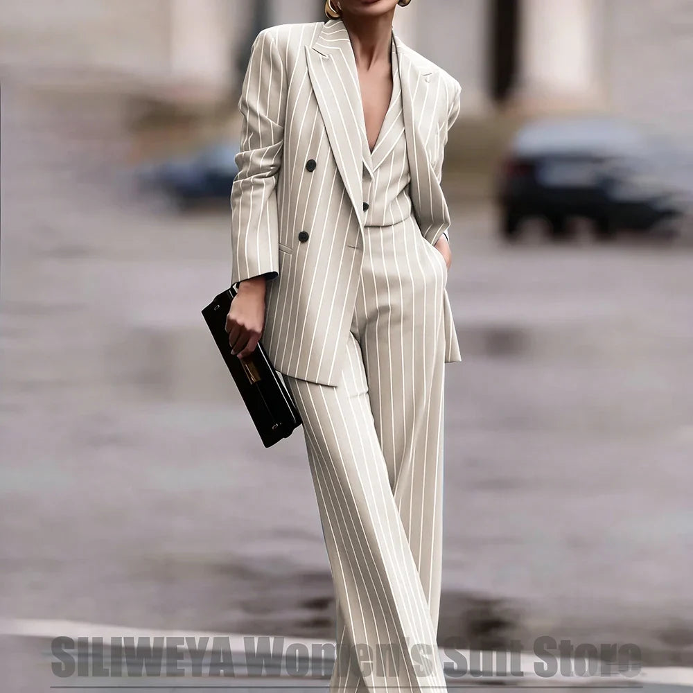 Navy Women's Striped 3 Piece Suit Double Breasted Blazer Vest Wide-Leg Pants Set Fashion Formal Party Office Casual Outfit