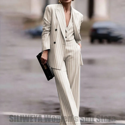Navy Women's Striped 3 Piece Suit Double Breasted Blazer Vest Wide-Leg Pants Set Fashion Formal Party Office Casual Outfit