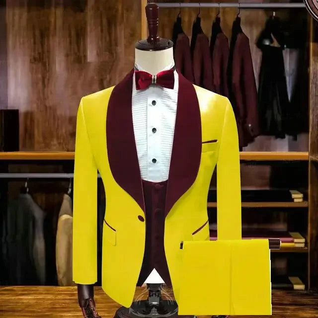 White men Wedding Suits For Groom With Gold Shawl Lapel 3 Piece Custom Slim Fit Men Suits Set Jacket Vest Pant