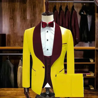 White men Wedding Suits For Groom With Gold Shawl Lapel 3 Piece Custom Slim Fit Men Suits Set Jacket Vest Pant