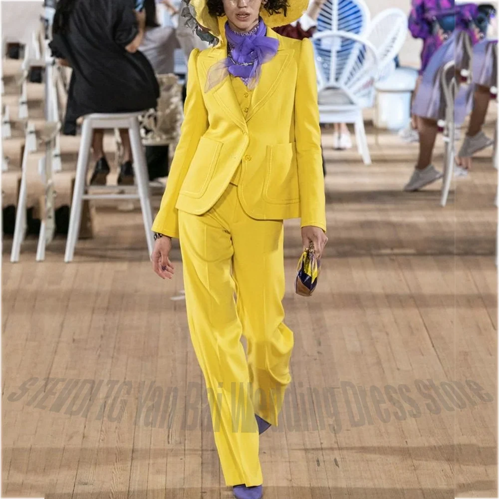 Solid Yellow Unique Design Women's Suits Peaked Lapel Single Breasted Casual Fashion Clothes Set Three Pieces Customized