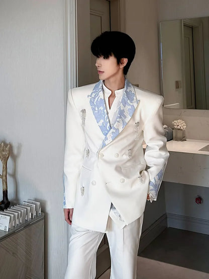 Business Men Work Suit Diamond Tassel Flower Collar Double Breasted Blazer Pants Three Piece Set Loose Fit Gown Dress Suit Sets