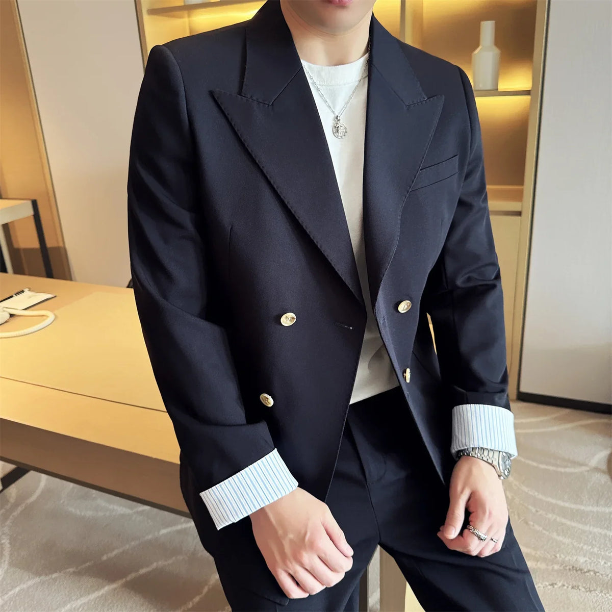 Korean Style Double Breasted Suit Jacket for Men Fashion Casual Business Suit Jackets Office Social Banquet Blazer Masculino