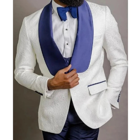 Slim Fit Men Suits for Wedding White Jacquard Blue Shawl Lapel Groom Tuxedo 3 Pieces Blazer with Pants and Vest