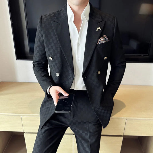 (Jacket+Pants)Luxury Checkered Double Breasted Suit  2 Pieces Fashion Business Slim Fit Social   Formal Suit Evening Dress 5XL-M