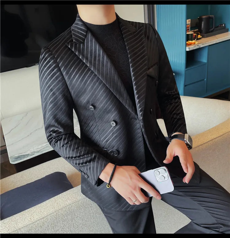 British Style Double Breasted Suit Jacket Men Striped Casual Business Blazers High Quality Wedding Social Banquet Dress Coats
