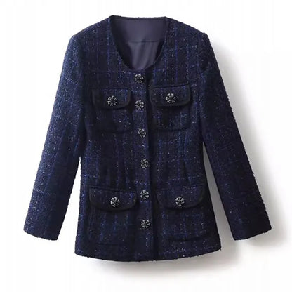 Women O Neck Single Breasted Slim Waist Tweed Jacket Mid Long Vintage Plaid Office Ladies Work Coat Twill Jackets Party Outwear