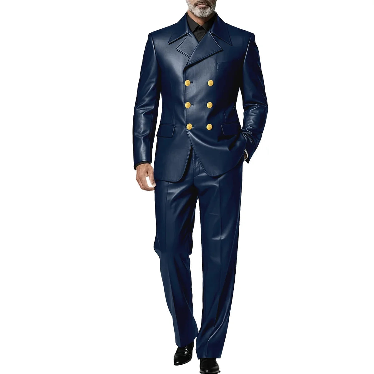Men's Leather 2 Piece Suit Retro Double Breasted Peak Lapel Slim Fit Blazer Straight Leg Pants Formal Set Business Casual Weddin