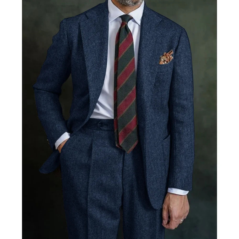 Elegant 2pcs Men's Tweed Suits Wool Blend Herringbone Western Vintage Wedding Formal Business Suits Set(Jacket+Pants) Warm Wear